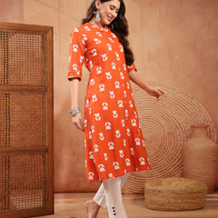 Stylum Women's Orange Floral Printed Rayon A-Line Kurta (ORANGECRAFT)