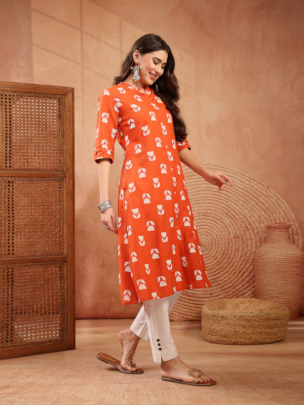 Stylum Women's Orange Floral Printed Rayon A-Line Kurta (ORANGECRAFT)