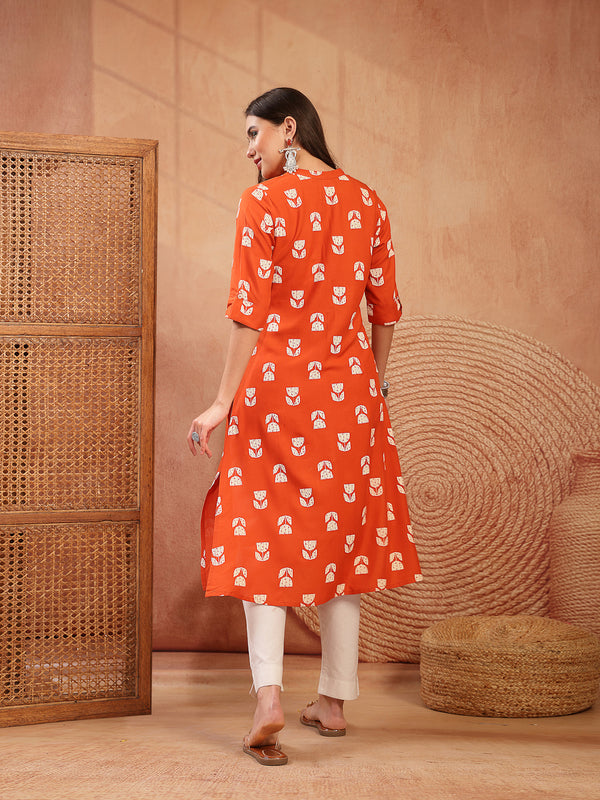 Stylum Women's Orange Floral Printed Rayon A-Line Kurta (ORANGECRAFT)