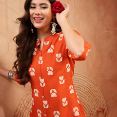 Stylum Women's Orange Floral Printed Rayon A-Line Kurta (ORANGECRAFT)