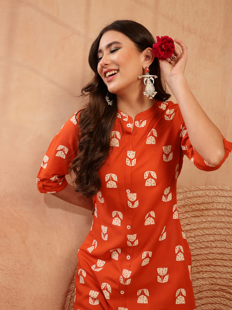 Stylum Women's Orange Floral Printed Rayon A-Line Kurta (ORANGECRAFT)