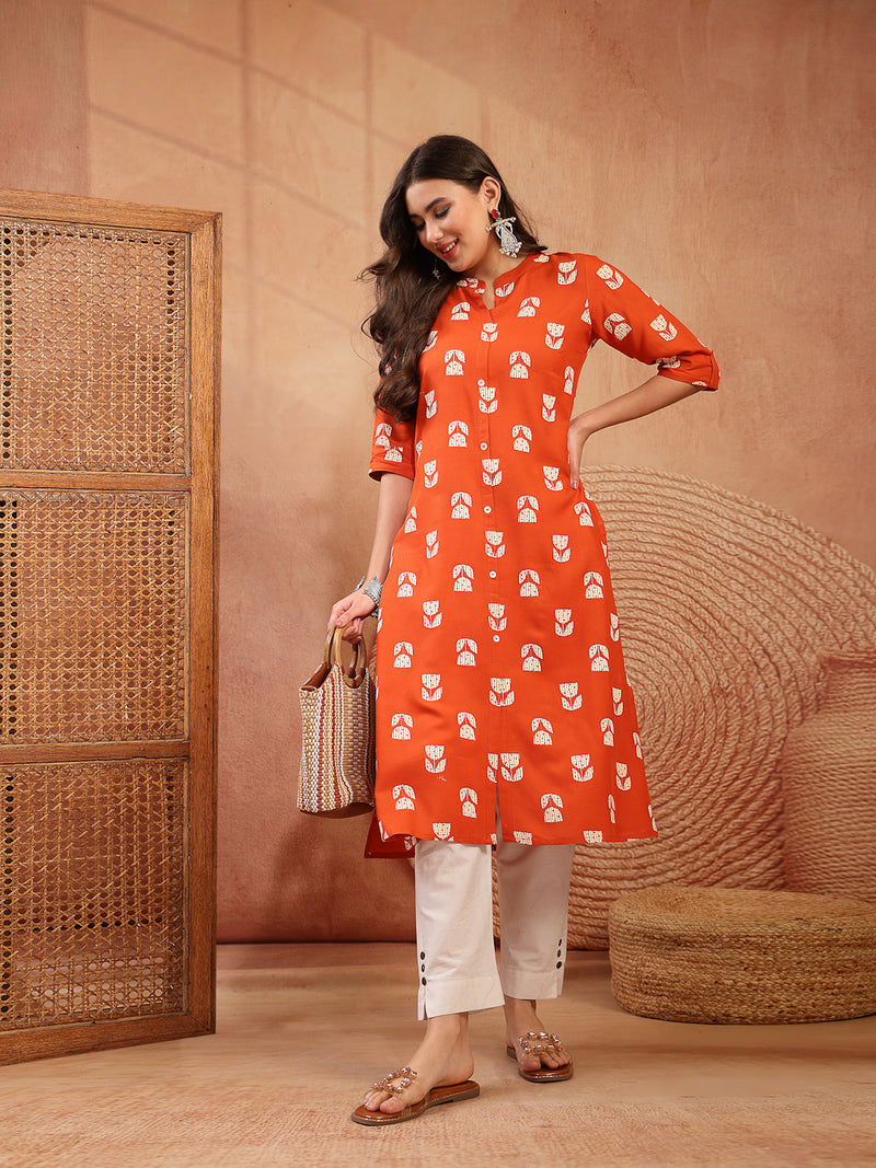 Stylum Women's Orange Floral Printed Rayon A-Line Kurta (ORANGECRAFT)