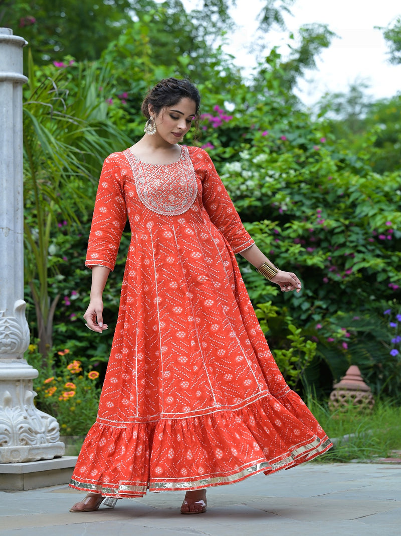 Stylum Women's Bandhani Printed & Embroidered Cotton Anarkali Kurta (ORANGERUMMY)