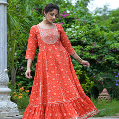 Stylum Women's Bandhani Printed & Embroidered Cotton Anarkali Kurta (ORANGERUMMY)