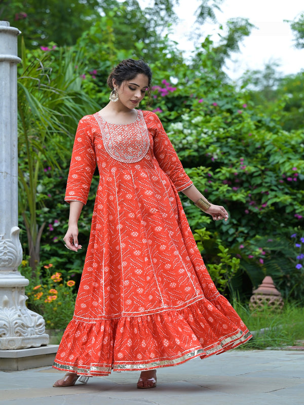 Stylum Women's Bandhani Printed & Embroidered Cotton Anarkali Kurta (ORANGERUMMY)