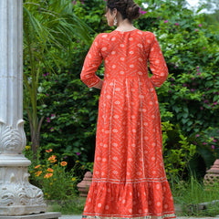 Stylum Women's Bandhani Printed & Embroidered Cotton Anarkali Kurta (ORANGERUMMY)