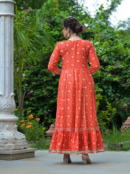 Stylum Women's Bandhani Printed & Embroidered Cotton Anarkali Kurta (ORANGERUMMY)