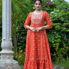 Stylum Women's Bandhani Printed & Embroidered Cotton Anarkali Kurta (ORANGERUMMY)