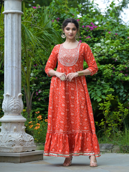Stylum Women's Bandhani Printed & Embroidered Cotton Anarkali Kurta (ORANGERUMMY)