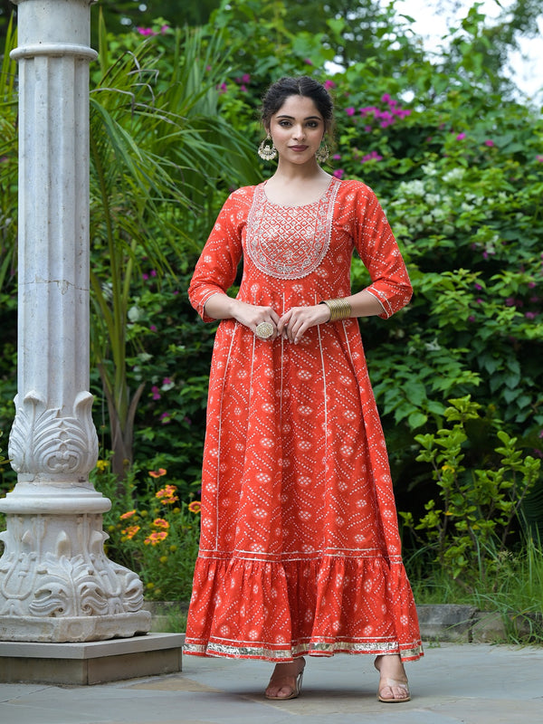 Stylum Women's Bandhani Printed & Embroidered Cotton Anarkali Kurta (ORANGERUMMY)