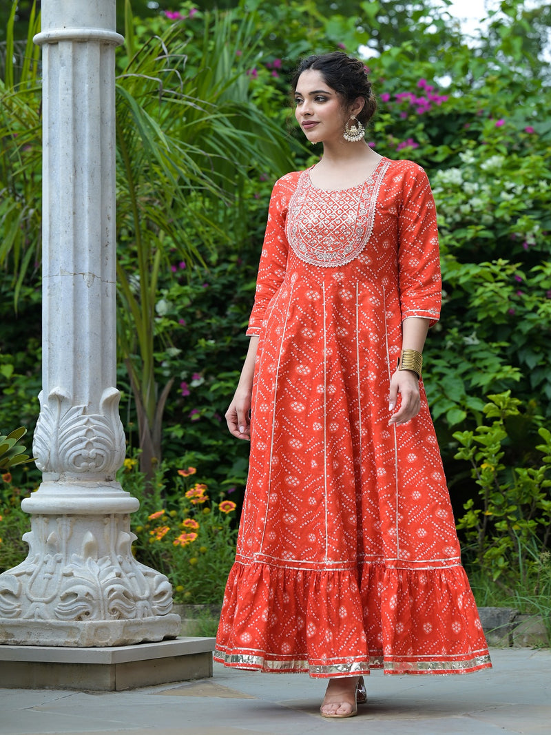 Stylum Women's Bandhani Printed & Embroidered Cotton Anarkali Kurta (ORANGERUMMY)