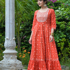 Stylum Women's Bandhani Printed & Embroidered Cotton Anarkali Kurta (ORANGERUMMY)