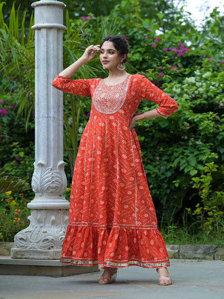 Stylum Women's Bandhani Printed & Embroidered Cotton Anarkali Kurta (ORANGERUMMY)