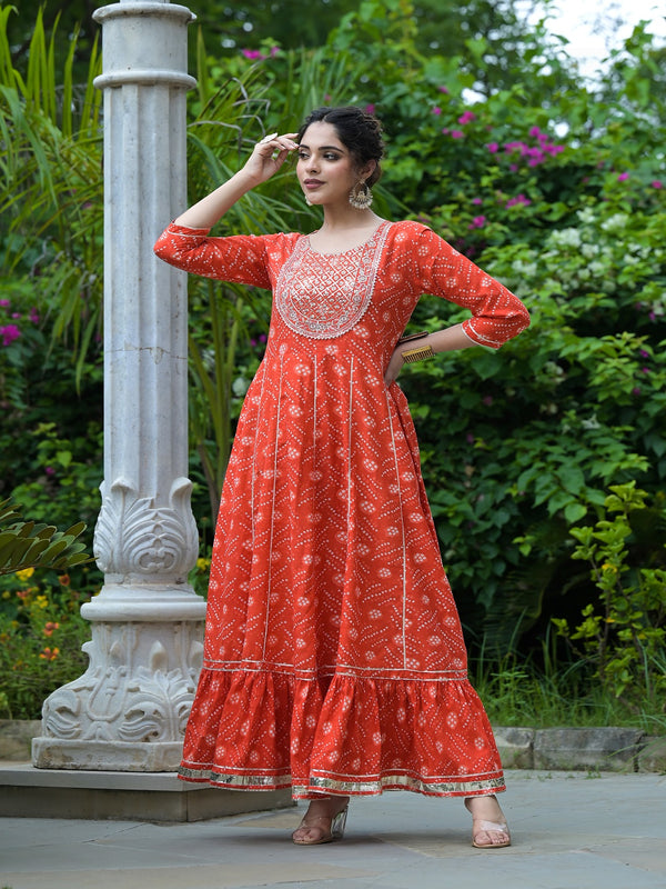 Stylum Women's Bandhani Printed & Embroidered Cotton Anarkali Kurta (ORANGERUMMY)