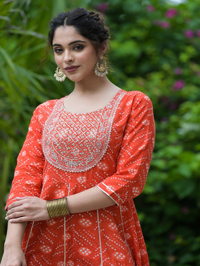 Stylum Women's Bandhani Printed & Embroidered Cotton Anarkali Kurta (ORANGERUMMY)