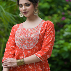 Stylum Women's Bandhani Printed & Embroidered Cotton Anarkali Kurta (ORANGERUMMY)