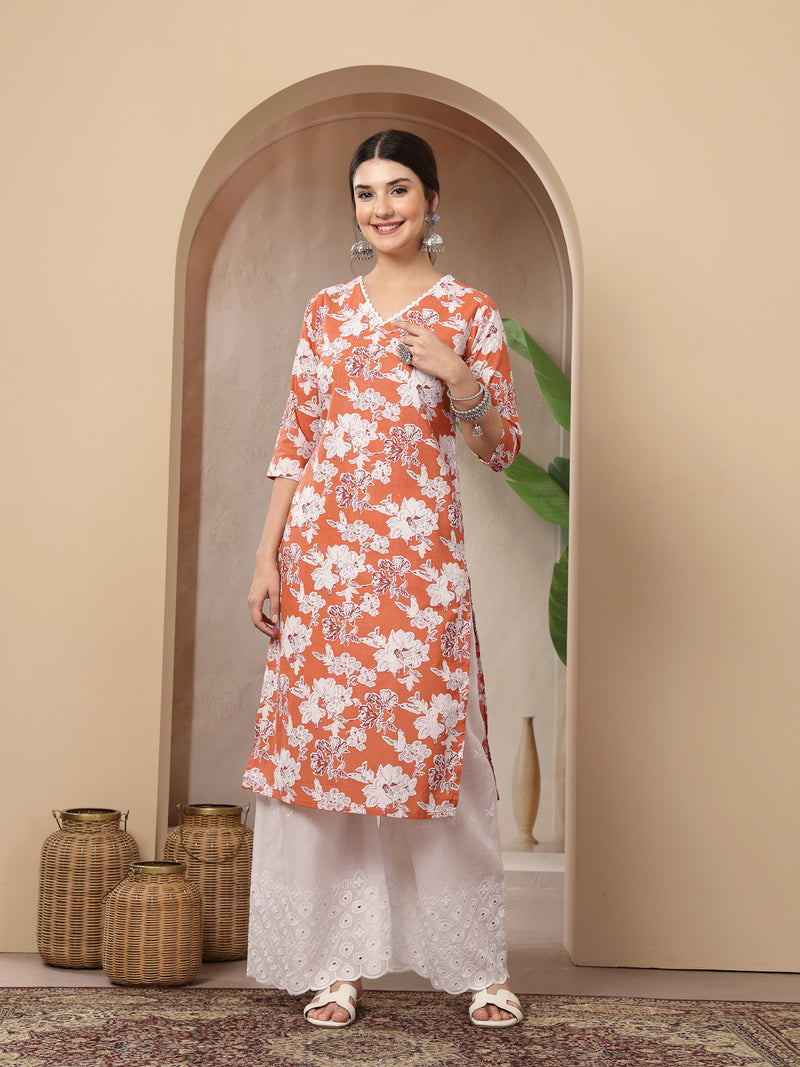 Stylum Women's Orange Floral Printed Cotton Straight Kurta (ORANGESUNFEAST)