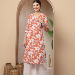 Stylum Women's Orange Floral Printed Cotton Straight Kurta (ORANGESUNFEAST)