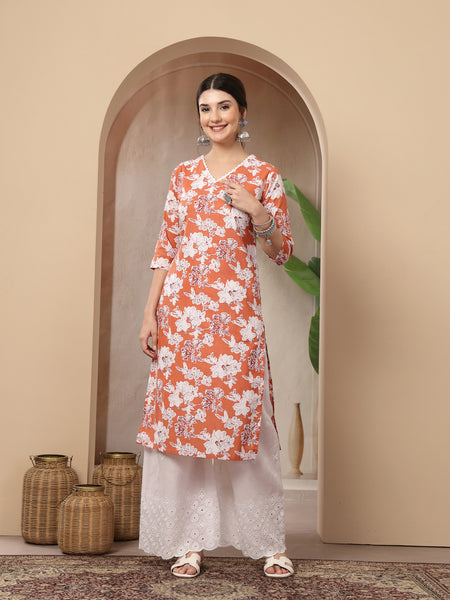 Stylum Women's Orange Floral Printed Cotton Straight Kurta (ORANGESUNFEAST)