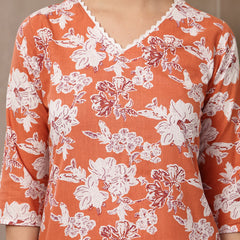 Stylum Women's Orange Floral Printed Cotton Straight Kurta (ORANGESUNFEAST)