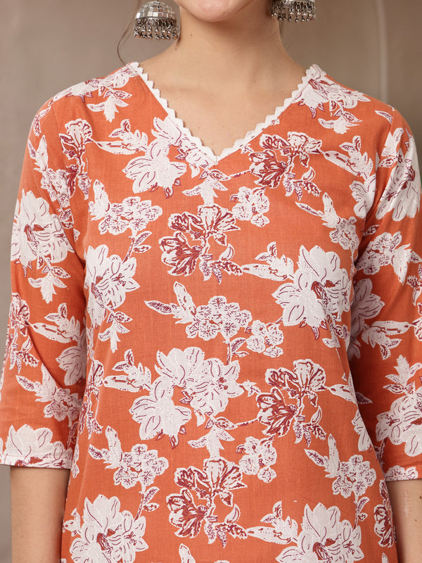 Stylum Women's Orange Floral Printed Cotton Straight Kurta (ORANGESUNFEAST)