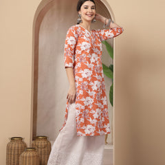 Stylum Women's Orange Floral Printed Cotton Straight Kurta (ORANGESUNFEAST)