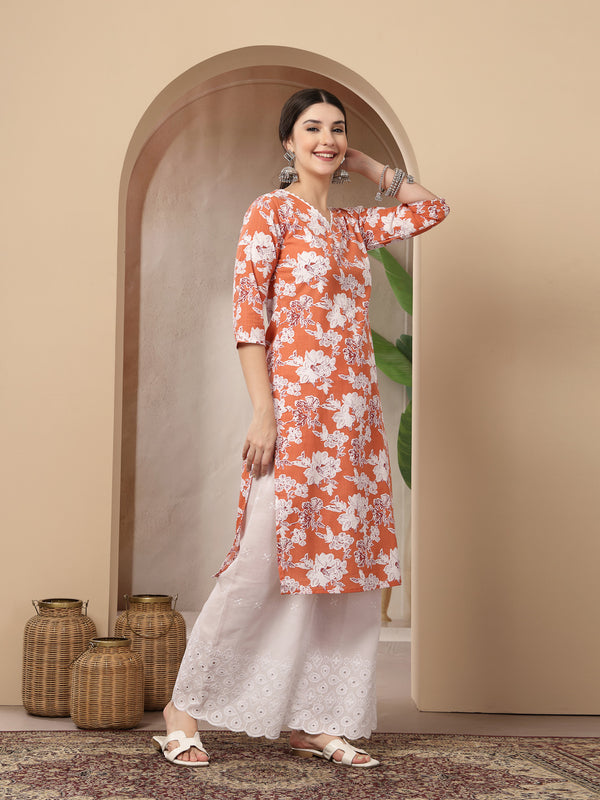 Stylum Women's Orange Floral Printed Cotton Straight Kurta (ORANGESUNFEAST)