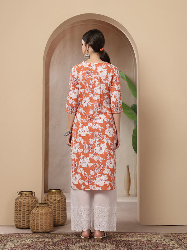 Stylum Women's Orange Floral Printed Cotton Straight Kurta (ORANGESUNFEAST)
