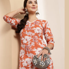 Stylum Women's Orange Floral Printed Cotton Straight Kurta (ORANGESUNFEAST)
