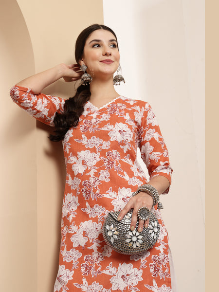 Stylum Women's Orange Floral Printed Cotton Straight Kurta (ORANGESUNFEAST)
