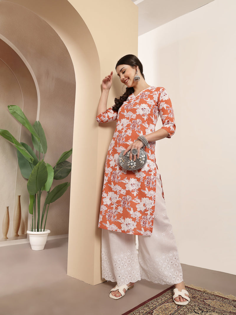 Stylum Women's Orange Floral Printed Cotton Straight Kurta (ORANGESUNFEAST)