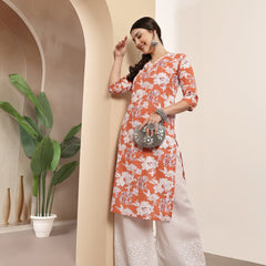 Stylum Women's Orange Floral Printed Cotton Straight Kurta (ORANGESUNFEAST)