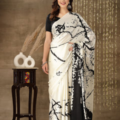 Stylum Women's Tie & Dye Print Satin Saree (Offwhiteshakira)