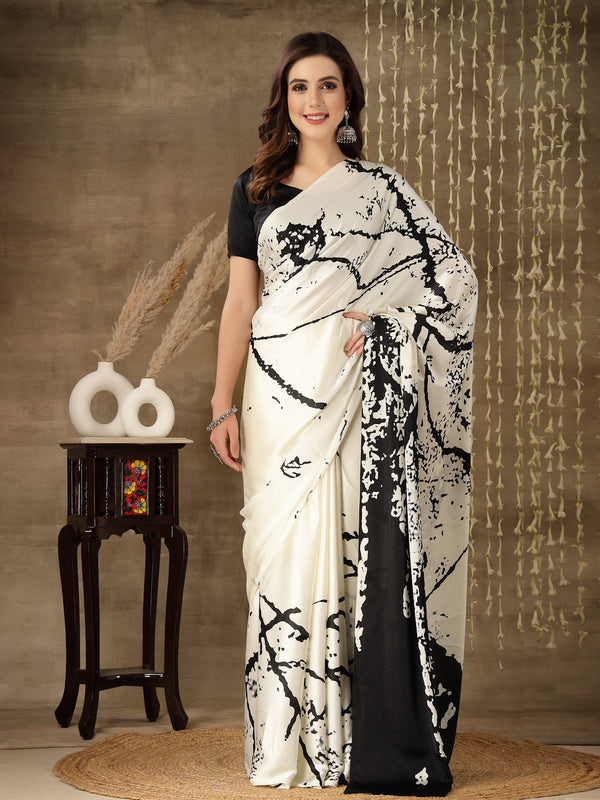 Stylum Women's Tie & Dye Print Satin Saree (Offwhiteshakira)