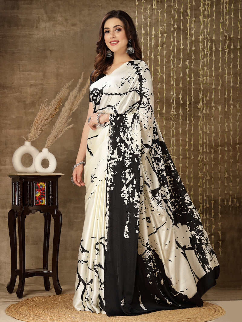 Stylum Women's Tie & Dye Print Satin Saree (Offwhiteshakira)