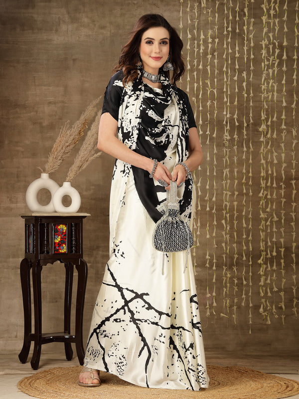 Stylum Women's Tie & Dye Print Satin Saree (Offwhiteshakira)