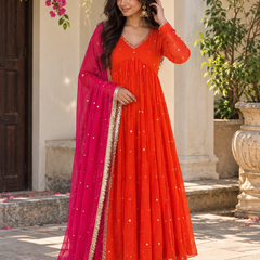 Vibrant Orange Embellished Anarkali Suit with Pink Dupatta
