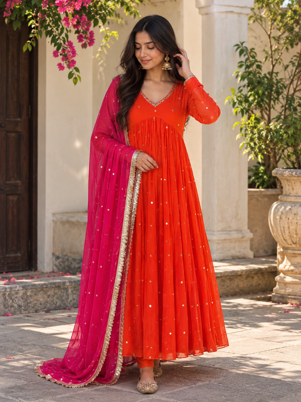 Vibrant Orange Embellished Anarkali Suit with Pink Dupatta