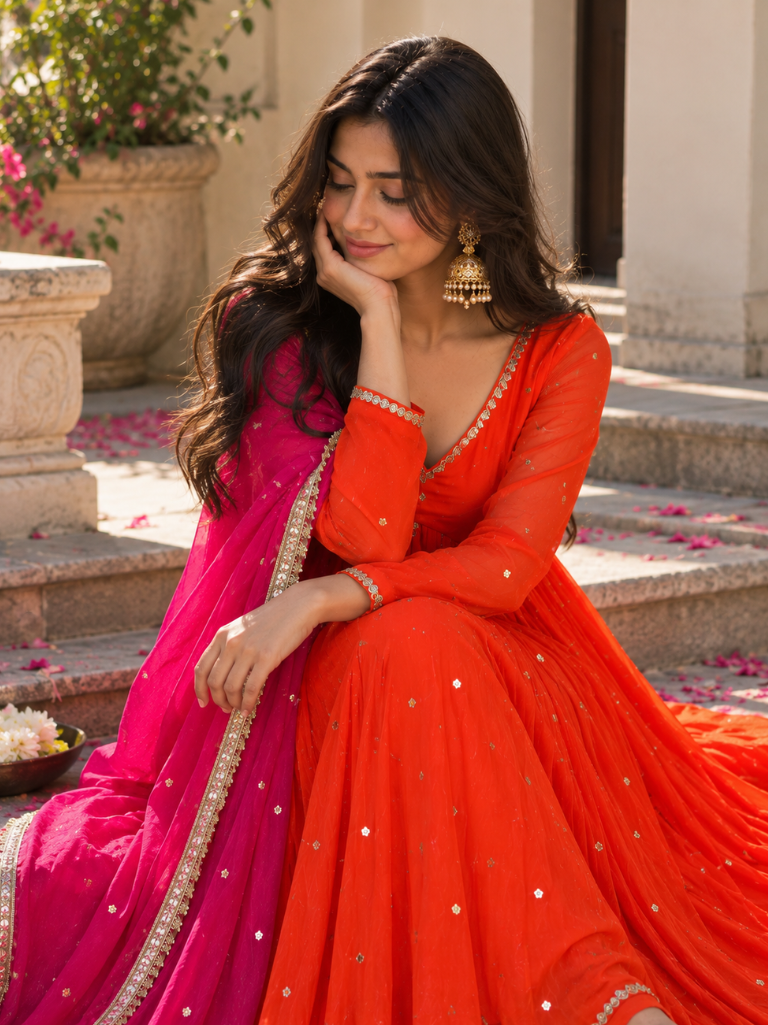 Vibrant Orange Embellished Anarkali Suit with Pink Dupatta