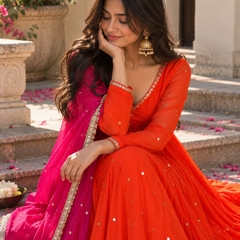 Vibrant Orange Embellished Anarkali Suit with Pink Dupatta