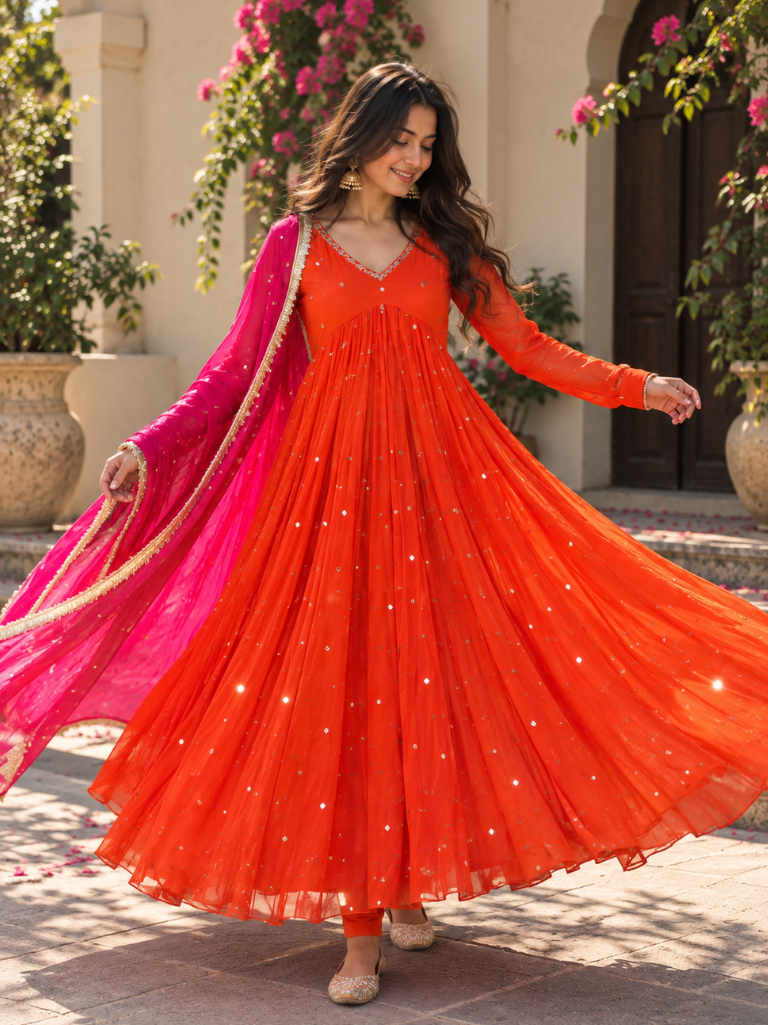 Vibrant Orange Embellished Anarkali Suit with Pink Dupatta