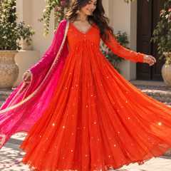 Vibrant Orange Embellished Anarkali Suit with Pink Dupatta