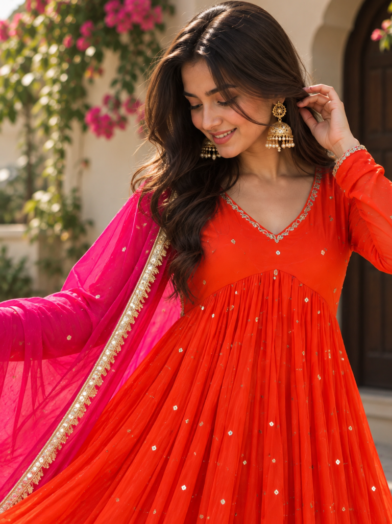 Vibrant Orange Embellished Anarkali Suit with Pink Dupatta