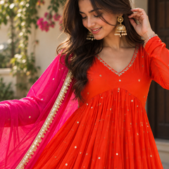 Vibrant Orange Embellished Anarkali Suit with Pink Dupatta