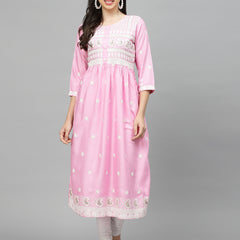 Pink Embroidered Rayon Flared kurta