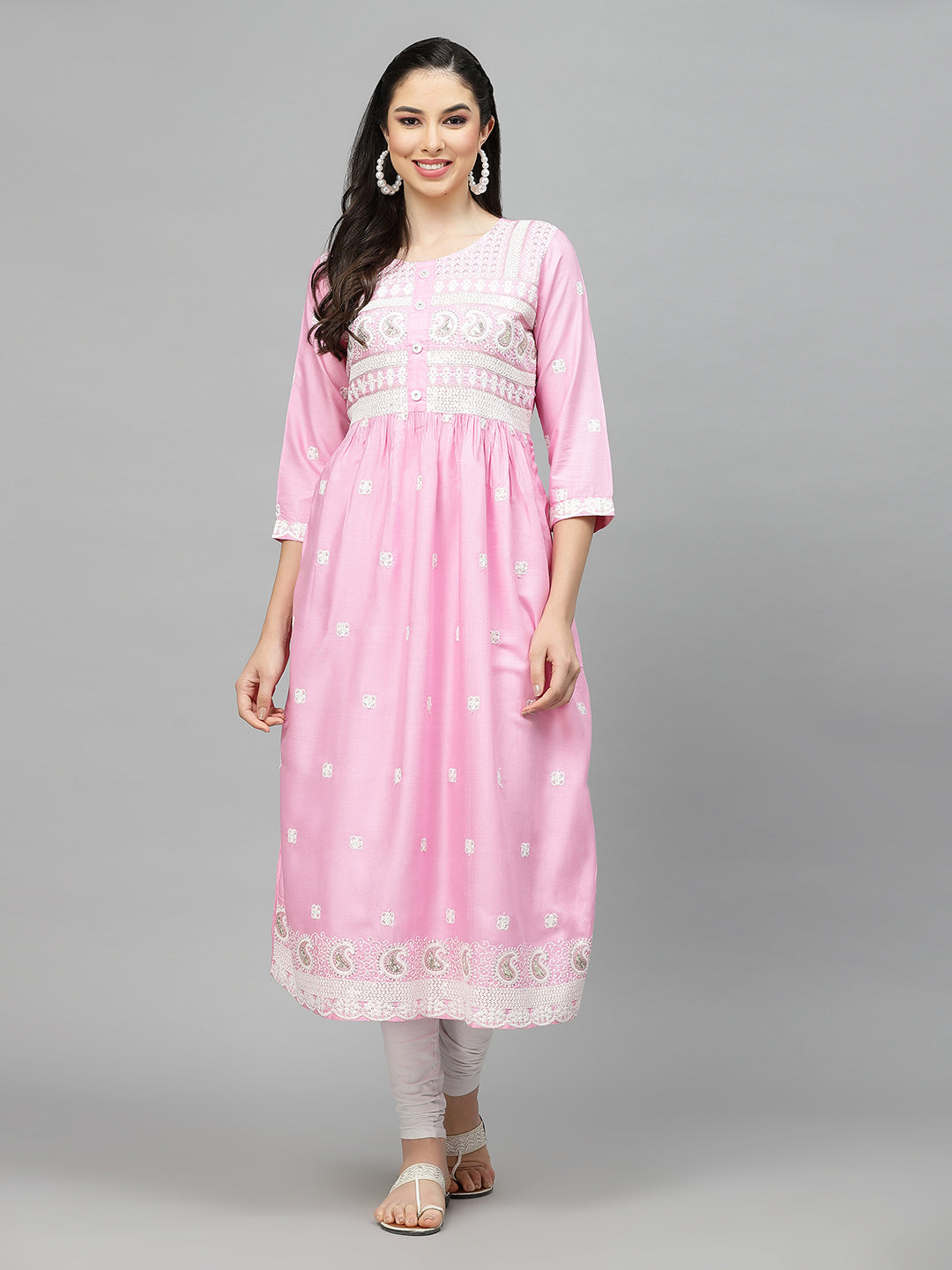 Pink Embroidered Rayon Flared kurta