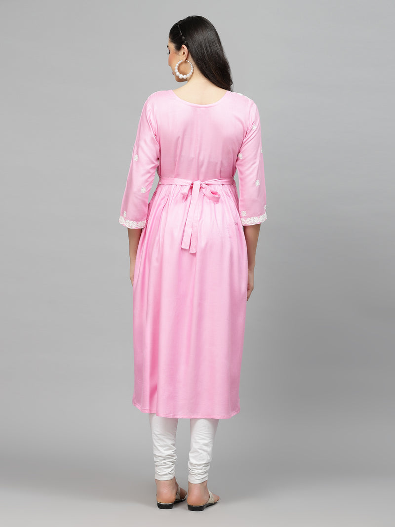 Stylum Women's Embroidered Rayon Flared kurta (PARIPINK)