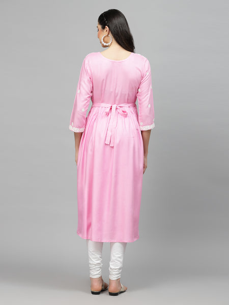 Stylum Women's Embroidered Rayon Flared kurta (PARIPINK)
