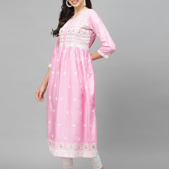 Pink Embroidered Rayon Flared kurta