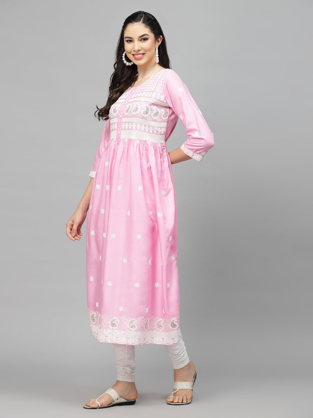 Pink Embroidered Rayon Flared kurta